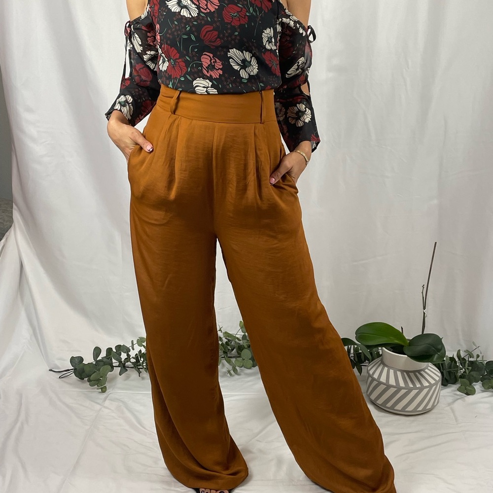 Elegant Copper Straight Wide-Leg Pants